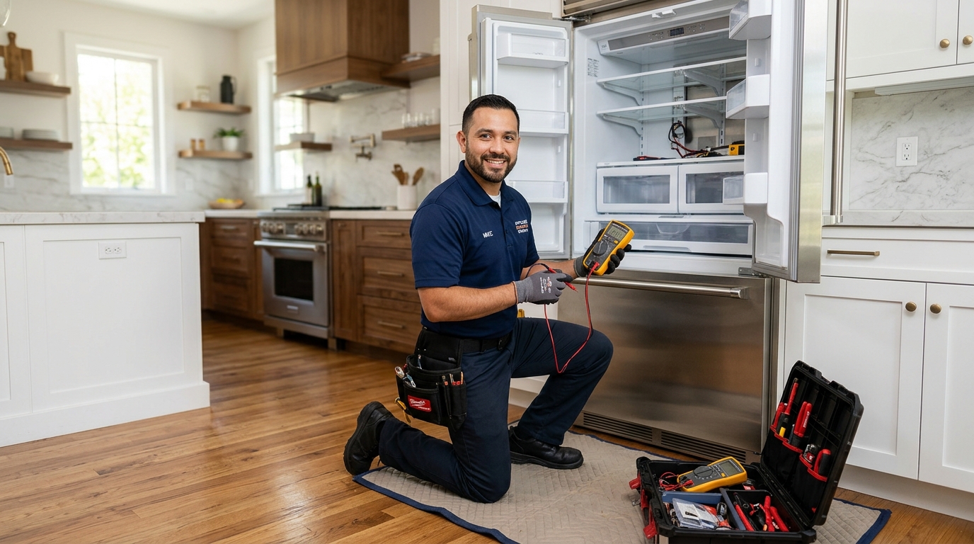 Professional appliance repair technician diagnosing refrigerator